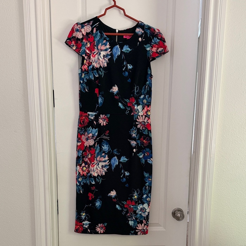 Floral Sheath Dress - Navy with Pink & Blue Blooms by Betsey Johnson